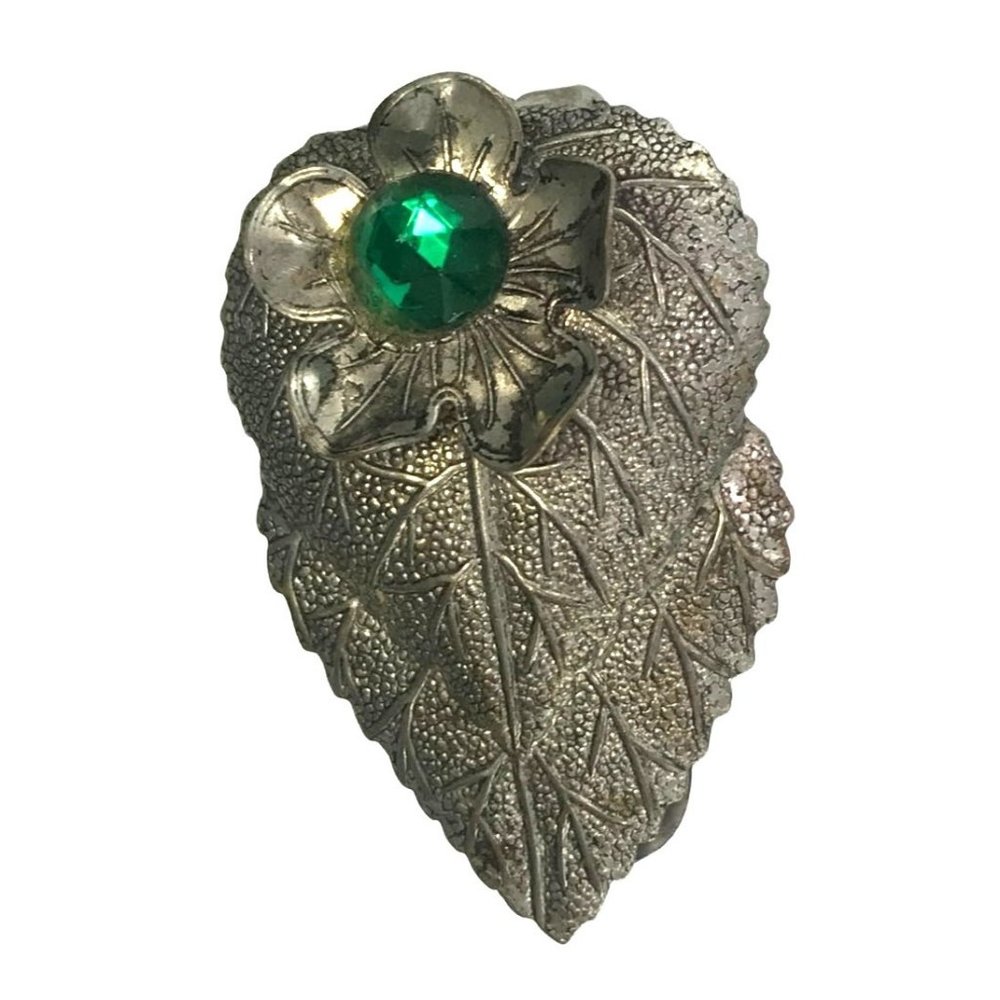 Vintage Silver Tone Leaf and Flower Dress Clip with Green Rhinestone Estate
